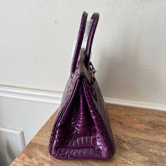 LEATHER INSIDE & OUT Purple Arch Bead 30 BK High Gloss Croc 3D Emboss Satchel B1 - Picture 14 of 16